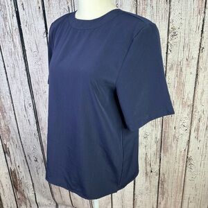 Worthington Vintage‎ Navy Blue Petite Medium Blouse Short Sleeve Shoulder Pads